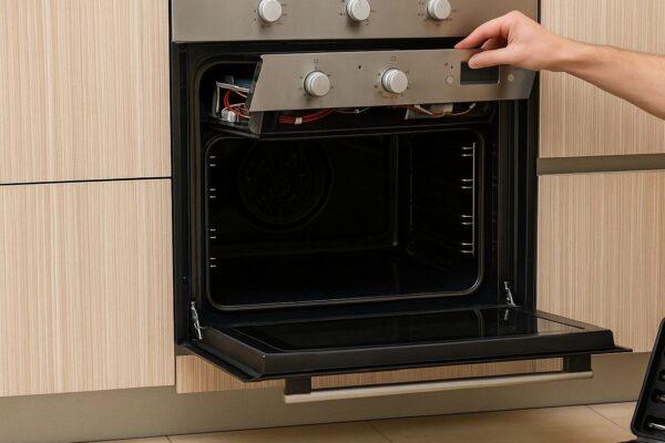 A technician inspecting an oven panel during a repair call in Naperville, Illinois—illustrating Unique Repair Services’ certified oven repair solutions.