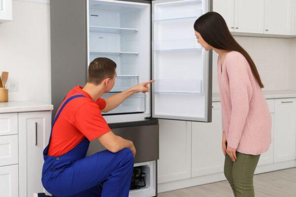 A technician inspects a refrigerator while explaining the issue to a Naperville homeowner—illustrating Unique Repair Services’ in-home refrigerator repair.