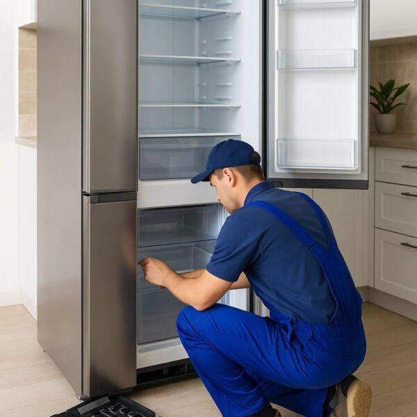 Technician repairing a refrigerator in a Naperville, IL kitchen—demonstrating Unique Repair Services’ local appliance repair expertise.