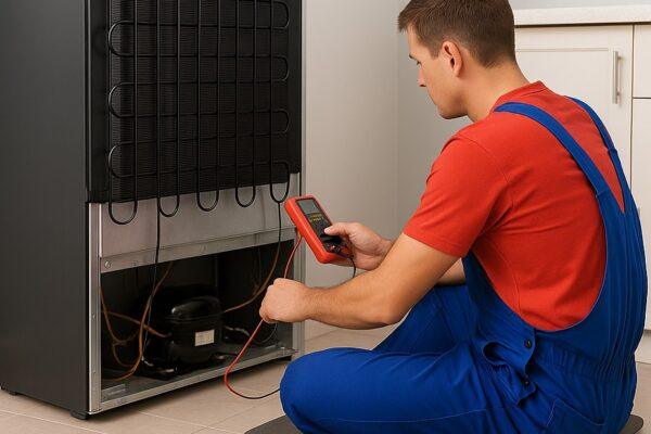 A technician kneels to repair the lower rear compartment of a refrigerator in a Naperville kitchen, tools neatly laid out—showcasing Unique Repair Services' professional appliance expertise.