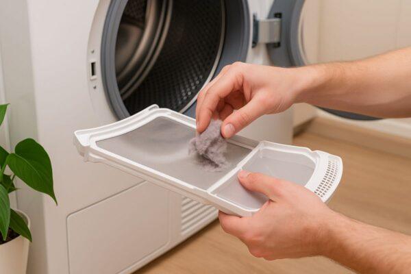 A technician cleans a dryer lint filter during a repair service in Des Plaines, IL. This image highlights preventative dryer maintenance performed by Unique Repair Services to ensure safety and efficiency in local homes.
