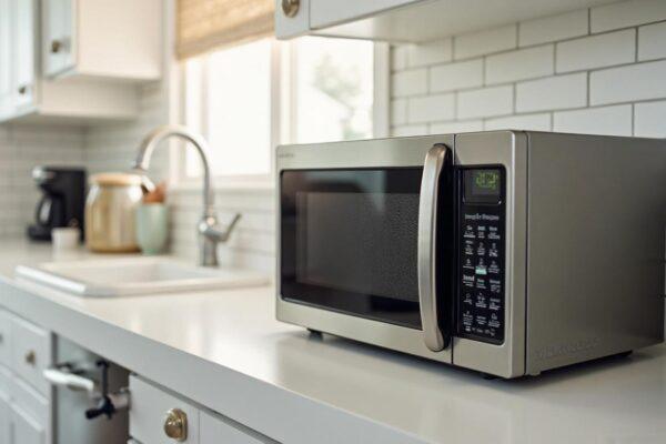 Technician testing internal parts of a countertop microwave during in-home repair in Naperville.