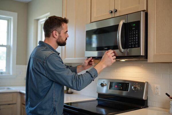 Technician repairing over-the-range microwave in Naperville kitchen using hand tools.