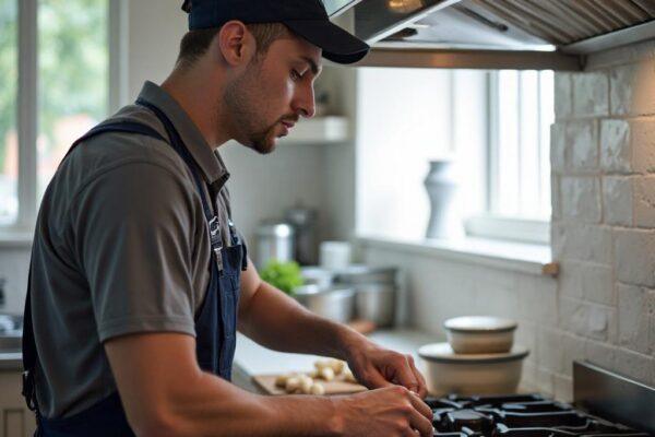 Technician repairing a gas kitchen range in a Naperville home