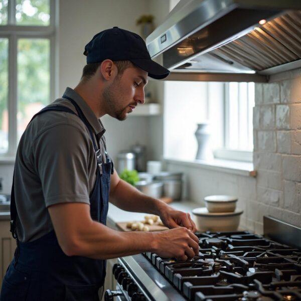 Technician repairing a gas kitchen range in a Naperville home