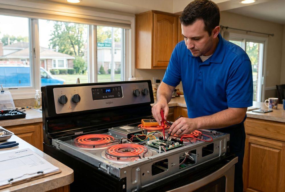 Electric stove repair in Des Plaines, IL by Unique Repair Services, showing a built-in four-burner cooktop with internal components exposed during a professional in-home repair.