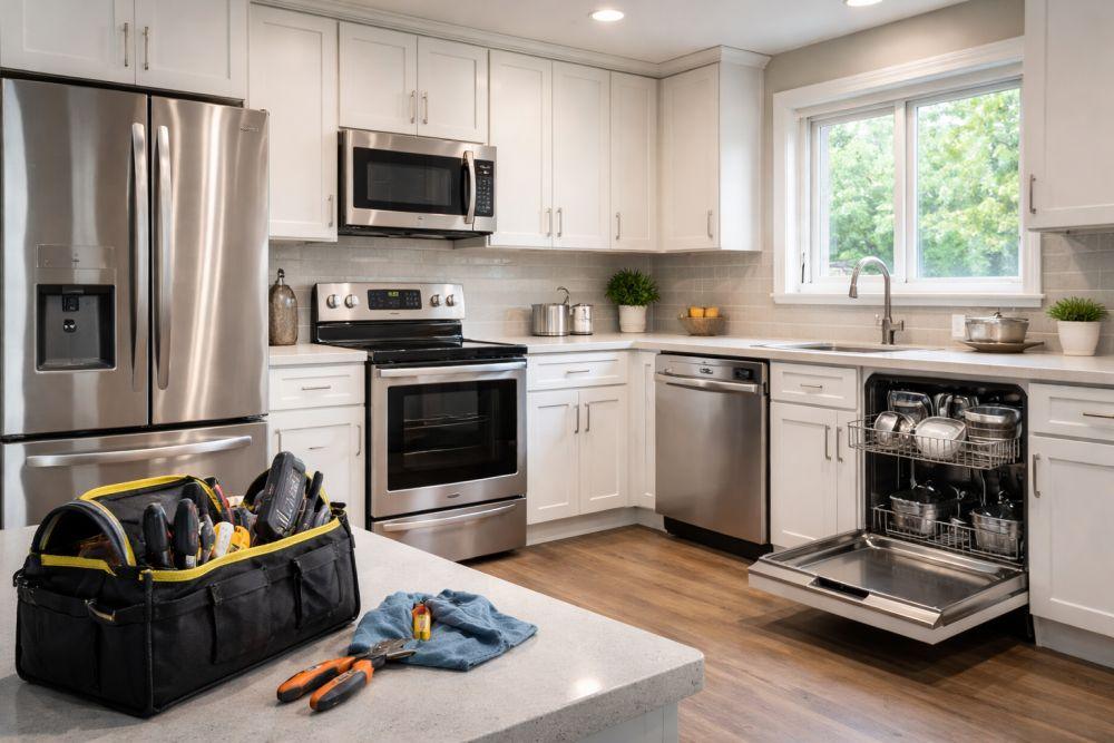 Kitchen appliance repair service in Des Plaines, IL by Unique Repair Services showing professionally serviced refrigerator, oven, and dishwasher in a modern home kitchen, highlighting reliable appliance repair solutions for local homeowners.