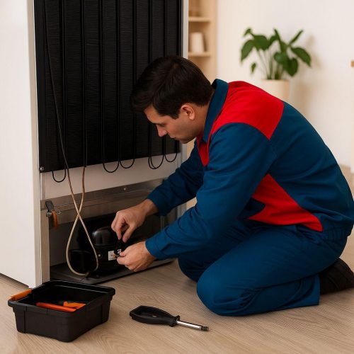 A certified technician repairs a refrigerator compressor during an in-home service call in Des Plaines, IL. This image shows the back panel open and tools in use, highlighting expert refrigerator repairs by Unique Repair Services.